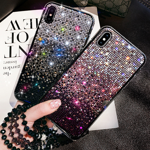 Funda brillante para iPhone X, XS, Max, XR, 6S, 7, 8 Plus, 11, 12 Pro, con diamantes de imitación brillantes, gradiente, correa para marco de parachoques ► Foto 1/6