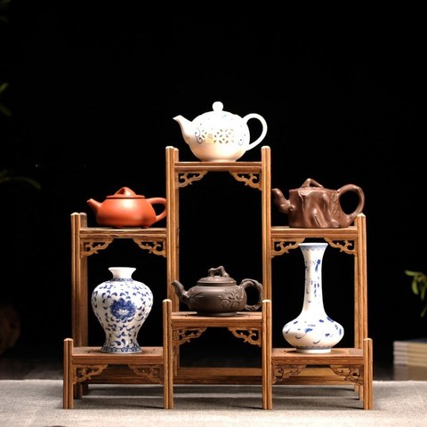 Soporte de exhibición para manualidades de té Kung Fu chino, estantes para juego de té y tetera, soporte de exhibición para tallado de madera, decoración para el hogar, accesorios de té ► Foto 1/6