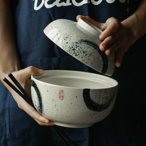 Kinglang-cuenco de cerámica de estilo japonés de 6,5 pulgadas para el hogar, cuenco de Ramen para sopa de fideos instantáneos, tazón para el hogar con tapa ► Foto 1/5