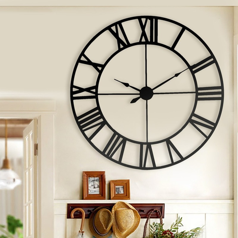 Reloj hueca grande de 80 cm para decoración del hogar, moderno, 3D, Retro, arte del hierro pared negra, números romanos ► Foto 1/5