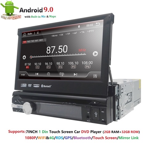 Universal 1 din reproductor de DVD del coche de Android 9,0 Quad Core GPS Wifi BT Radio BT 2 GB RAM 32 GB SD 16 GB ROM SIM 4G red LTE SWC RDS CD ► Foto 1/6