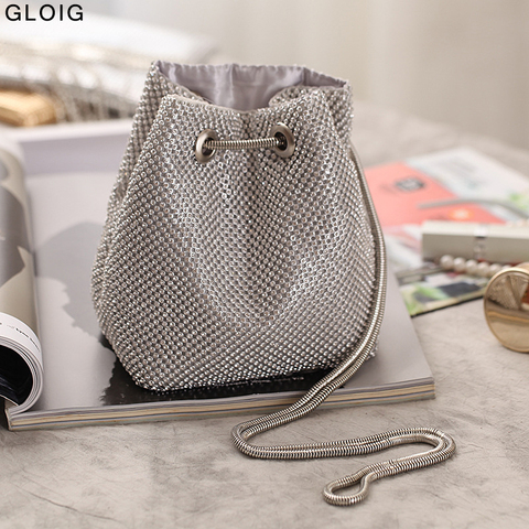 Bolso de noche con forma de cubo para mujer, Cartera de mano con cadena de plata suave con diamantes de imitación, para fiesta o boda ► Foto 1/6