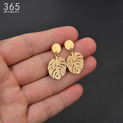 Pendientes bohemios de acero inoxidable para mujer, pendientes colgantes de hoja de Monstera, hojas de planta huecas tropicales doradas, regalos de fiesta ► Foto 1/6