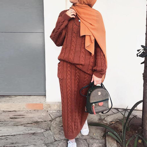 Suéter de invierno Abaya Dubai Turquía musulmana establece vestido Hijab caftán Kaftan ropa Islam Abayas para damas bata Musulman conjuntos ► Foto 1/6