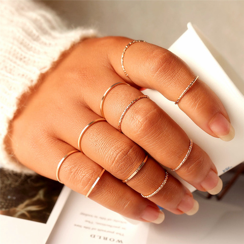 Juego de 10 anillos minimalistas de tejido torcido redondo, joyería de moda femenina, anillos de dedo nudillo clásicos elegantes para mujer ► Foto 1/6