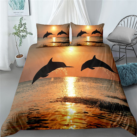 Juego de cama 3d de delfines para jugar al atardecer, individual, doble, queen, king, cal, tamaño king, juego de ropa de cama ► Foto 1/6