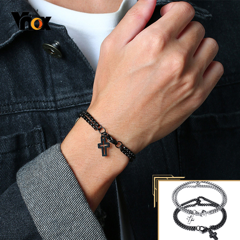 Vnox Simple en capas 3mm Rolo cadena pulseras para hombre, caja redonda enlace con Cruz Charm Wristband,Christ Prayer Vintage Regalo Casual ► Foto 1/6
