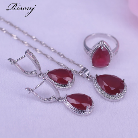 Conjunto de joyería de Color plata y piedra roja para mujer, regalo especial, joyería cuadrada de pera, envío rápido ► Foto 1/6