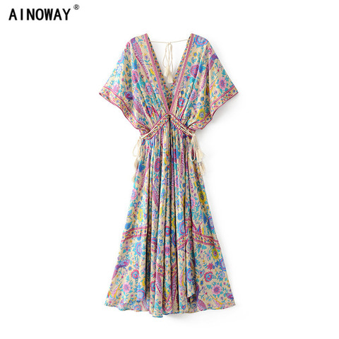 Chic Vintage Floral de las mujeres, Impresión de manga de murciélago, Playa Larga bohemio maxi Vestido Mujer cuello en V de verano Boho vestido vestidos ► Foto 1/6