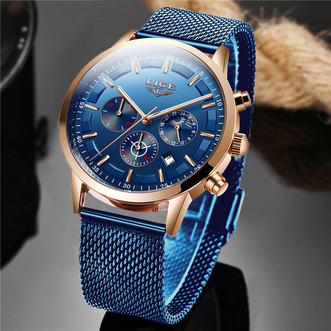 LIGE-Reloj analógico con correa de malla en acero inoxidable para hombre, accesorio de pulsera de cuarzo resistente al agua con fase lunar, complemento deportivo masculino de marca de lujo con esfera azul, nuevo ► Foto 1/6