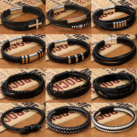 Moda Simple Piedras naturales Cuentas Pulsera de cuero tejida hecha a mano Hombres Hoja de metal Cruz Cráneo Imán Hebilla Pulseras Brazaletes Joyería Regalos Accesorios Venta al por mayor Dropshipping ► Foto 1/1