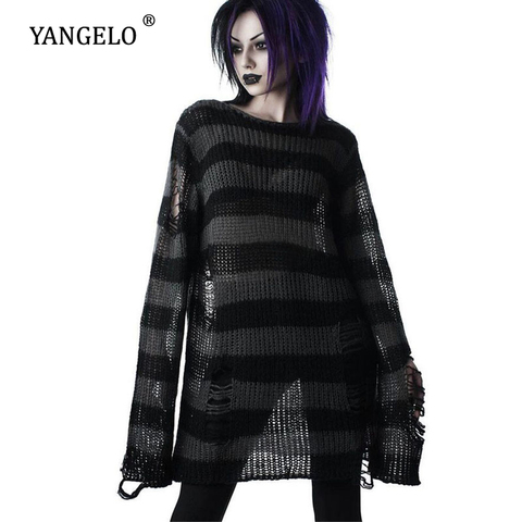 Yangelo Punk gótico largos Unisex de las mujeres, suéter de punto a rayas 2022 hueco agujero suelto negro Streetwear jersey Top mujer ► Foto 1/6