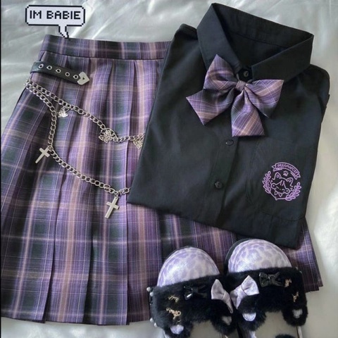 Conjunto de tres piezas de Harajuku japonés para mujer, minifalda a cuadros, uniformes escolares, falda acampanada, cintura alta dulce, trajes kawaii ► Foto 1/6