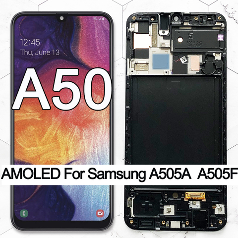 Pantalla LCD 100% Super AMOLED para móvil, montaje de digitalizador de pantalla táctil con marco para Samsung galaxy A50 6,4 A505F/DS A505F A505FD A505A, 2022