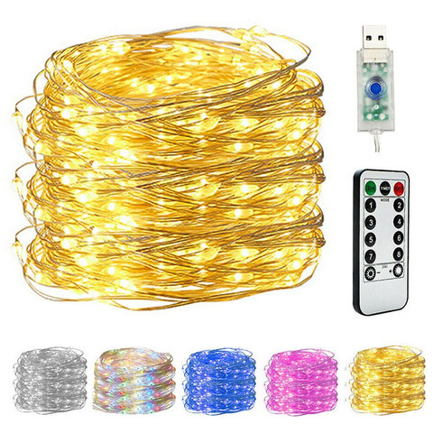 Cadena de alambre de cobre de 8 modos, 10M, 5M, 1M, 9M, luces de hadas, luces LED alimentadas por USB con Control remoto ► Foto 1/6