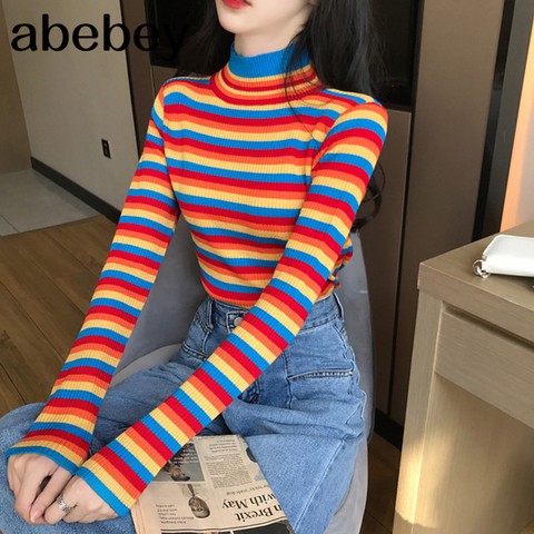 De arco iris de Mujer de punto suéteres y Casual jerséis de manga larga con cuello ovalado suéter Mujer Tops rayas jersey de cuello alto ► Foto 1/6