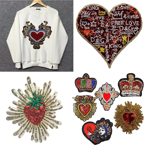 Lentejuelas doradas con cuentas, patrón de corazón, parches Aplicación de bordado ropa con insignias decorativas, costura artesanal TH684, 2 piezas ► Foto 1/6