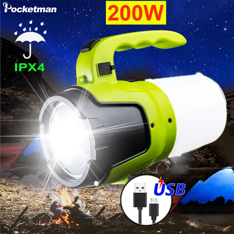 Luz de trabajo portátil de alta potencia de 200W, Lámpara de trabajo impermeable, recargable por USB, linterna de Camping con batería integrada ► Foto 1/6