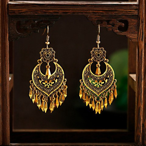 Pendientes Retro bohemios de Color dorado para mujer, aretes colgantes de borla de flores gitanas, joyería India Turk Jhumka ► Foto 1/6