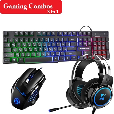 Teclado 3 EN 1 para videojuegos, juego de auricular del ratón, 3 colores, retroiluminado EN/RU, 2400DPI, auriculares, micrófono para ordenador portátil y PC ► Foto 1/6