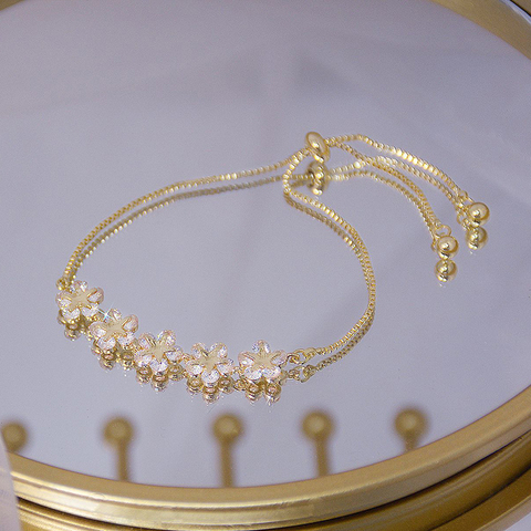 Pulsera Super brillo de lujo con flor de circonita AAA para mujer, brazalete de oro auténtico de 14K con circonita cúbica, cadena diaria ► Foto 1/6