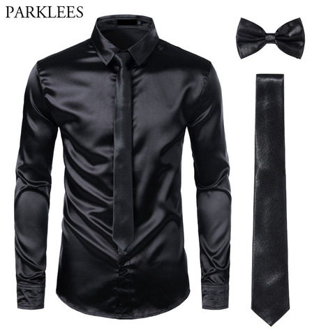 Camisas negras de seda para hombre, 3 uds. (Camisa + corbata + pajarita), Camisa lisa de satén, camisas ajustadas para hombre, camisas informales para fiesta de graduación, Camisa Social para hombre ► Foto 1/6