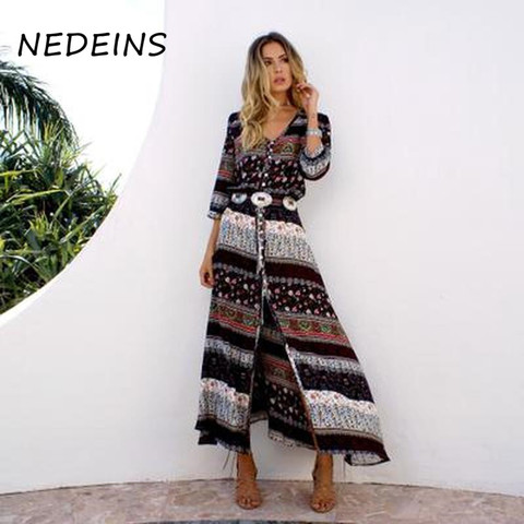 NEDEINS 2022 Vestido de playa bohemio de verano de moda estampado Floral étnico largo Maxi Vestido Mujer fiesta noche elegante vestido ► Foto 1/6