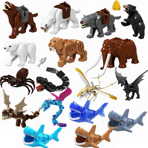 Juguetes de bloques de construcción para niños con cierre de animales, lobo salvaje, oso Araña, Tigre, tiburón, Compatible con cierre de animales, regalos para niños ► Foto 1/6