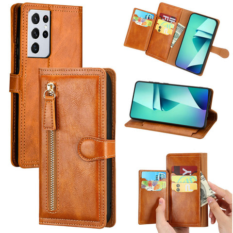 Funda de cuero con cremallera con ranura para tarjeta para Samsung S21 Ultra S 21 Plus 5G, funda de lujo para teléfono Samsung Galaxy S21 Etui A12 ► Foto 1/6