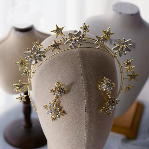 Diademas de estrellas europeas con pendientes, diademas nupciales, accesorios para el cabello de boda ► Foto 1/6