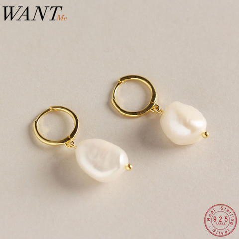 WANTME-pendientes colgantes de perlas para mujer, 100% Plata de Ley 925 auténtica, barroco, minimalista, redondo, Aro para la oreja, Irregular, joyería INS ► Foto 1/6