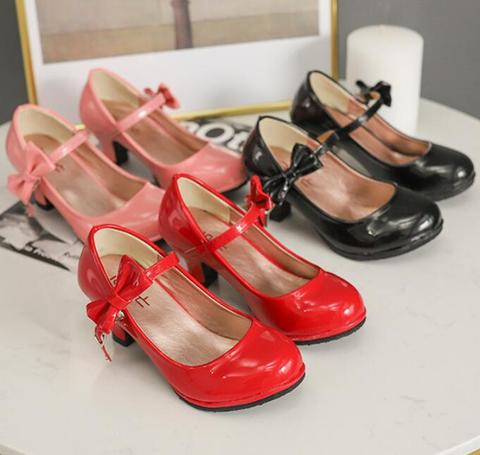 2022 nueva gran oferta zapatos de baile de cuero de princesa zapatos de fiesta de arco de color rojo sólido brillante zapatos de moda de tacón alto para niños ► Foto 1/6
