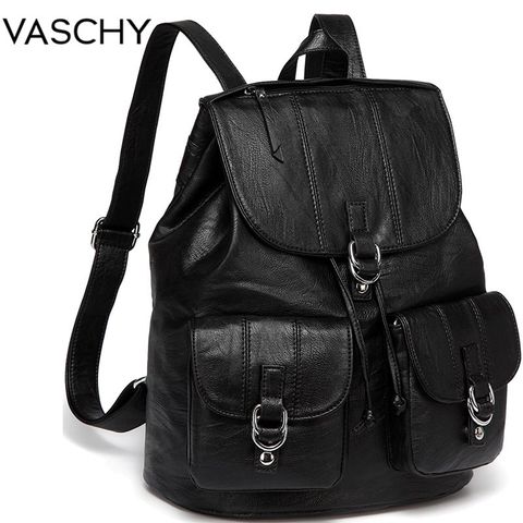 VASCHY mochila de moda bolso para mujer Chic bolsas escolares con cordón ajustable con dos bolsillos delanteros Mochila De cuero suave para la universidad ► Foto 1/6