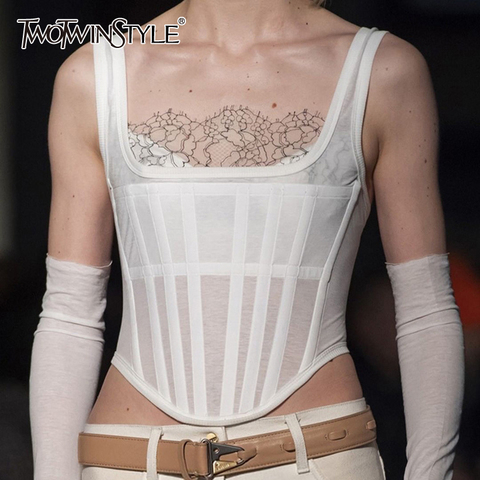 TWOTWINSTYLE-Chaleco Corto Sexy para mujer, camiseta sin mangas con cuello cuadrado, dobladillo Irregular ajustado, ropa de mujer, moda de verano 2022 ► Foto 1/6