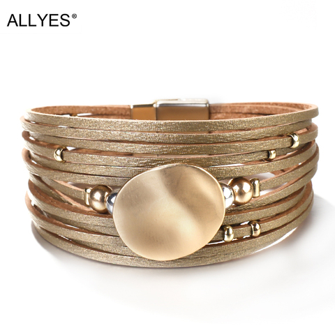 ALLYES-pulsera de cuero con cuentas redondas de Metal para mujer, brazalete de moda, 14 tiras, estilo bohemio, varias capas, ancho, 2022 ► Foto 1/6