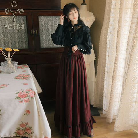 YOSIMI-blusa negra de manga larga para Primavera, conjunto de dos piezas con Top y falda a rayas, 2022 ► Foto 1/6