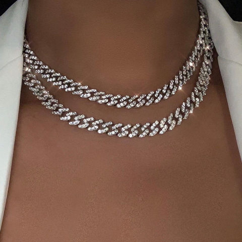 Collares de Eslabón cubano con diamantes de imitación incrustados para mujer, cadenas de Color dorado y plateado, joyería ostentosa, gargantilla de hip hop para hombre ► Foto 1/6