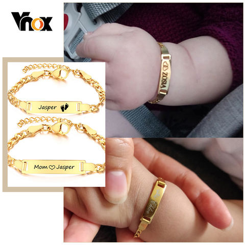 Vnox-Pulseras personalizadas con nombre del bebé, pulseras de acero inoxidable sin alergia para bautismo infantil, regalos de amor para la familia, joyería ajustable ► Foto 1/6