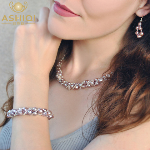 ASHIQI-Conjuntos de joyas de perlas naturales de agua dulce, collar tejido a mano, pulsera, pendientes para mujer NE + BR + EA ► Foto 1/6