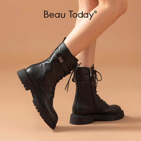 BeauToday-Botines de piel de vaca auténtica para mujer, zapatos de moda hechos a mano con cremallera lateral y botón de correa Welt, punta redonda, 02363 ► Foto 1/6