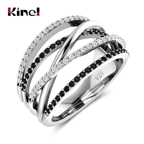 Kinel-Anillo de plata de primera ley con circón para mujer, sortija, plata esterlina, Circonia cúbica, zirconia, circonita, zirconita, zirconita, color blanco y negro ► Foto 1/6