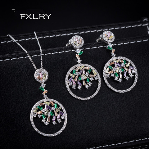 FXLRY-Conjunto de collar y pendientes colgantes de circonio multicolor para mujer, aretes, joyas de boda, Color blanco/CZ ► Foto 1/6