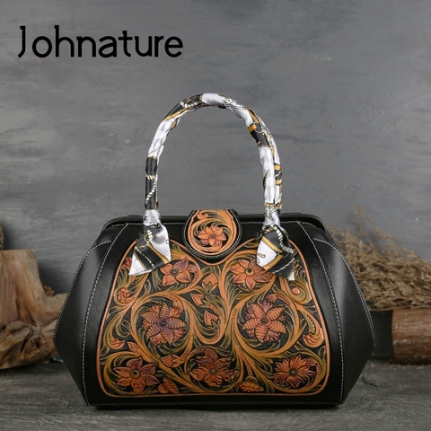 Johnature-Bolsos de lujo de piel de vaca dura para mujer, carteras de diseñador Retro de alta calidad, hechos a mano con relieve, 2022 ► Foto 1/6