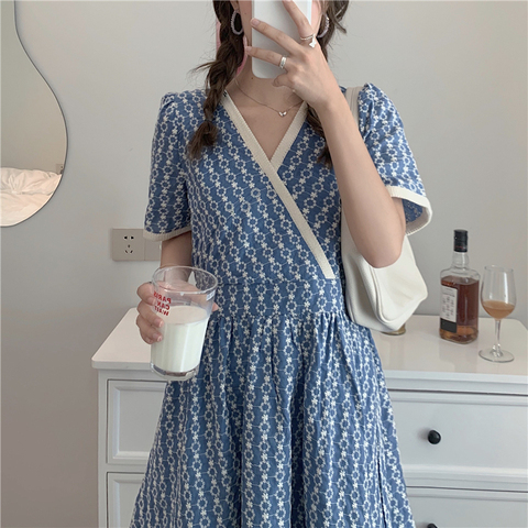 Snordic-Vestido largo de Jacquard para mujer, traje elegante con escote en V, Floral, azul, cintura alta, manga corta, por debajo de la rodilla ► Foto 1/6