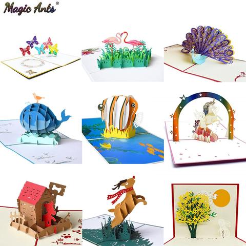 3D Animal lindo Pop Up tarjetas, tarjeta de cumpleaños para los niños del bebé ducha esposa esposo mujeres de dibujos animados de pavo real jaula tren velero ► Foto 1/6