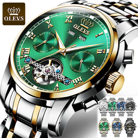 OLEVS-relojes mecánicos automáticos de acero inoxidable para hombre, pulsera de lujo clásica, resistente al agua, con fecha, semana, verde, calendario perpetuo ► Foto 1/6