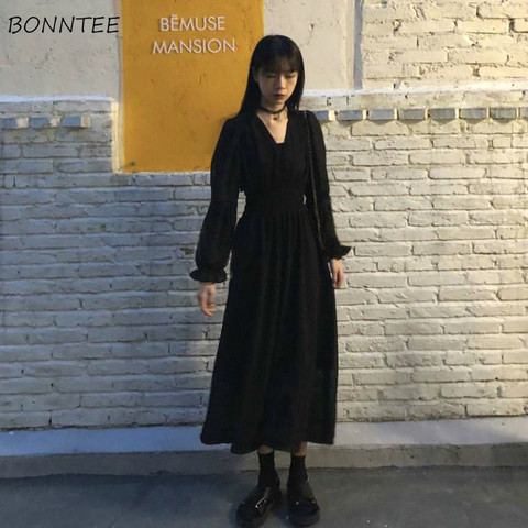 Vestido elegante de manga abullonada elegante para mujer, ropa de calle Vintage negra para fiesta, ropa de diario con cuello en V ► Foto 1/6