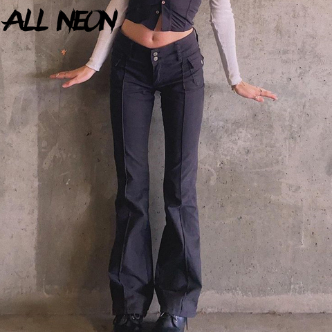 ALLNeon-pantalones acampanados de cintura baja para mujer, pantalón de estética independiente, con bolsillos clásicos, Y2K, color negro, para Otoño y los 90 ► Foto 1/6