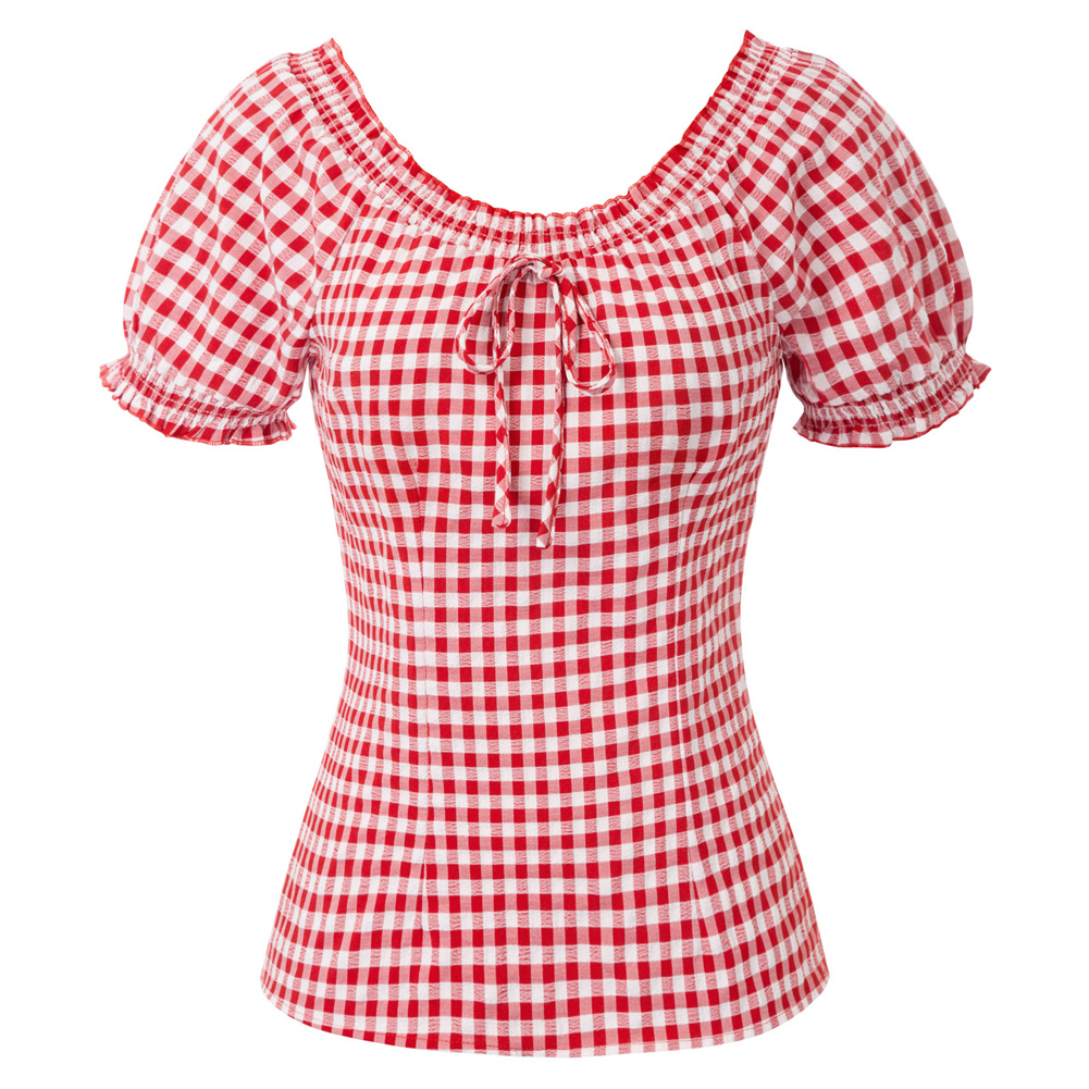 Belle Poque-Blusa informal de manga raglán con cuello redondo y hombros descubiertos para verano, camisa a cuadros para mujer, dulce nuevo ► Foto 1/6