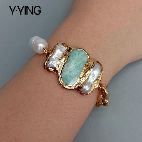 Y.YING-pulsera con cadena de perlas de arroz blanco perla amazonita Biwa, cultivo natural, 8 